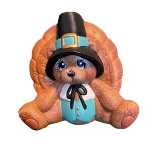 Vintage Thanksgiving Pilgrim Turkey Bear Feathers Ceramic Handmade Teal Cute